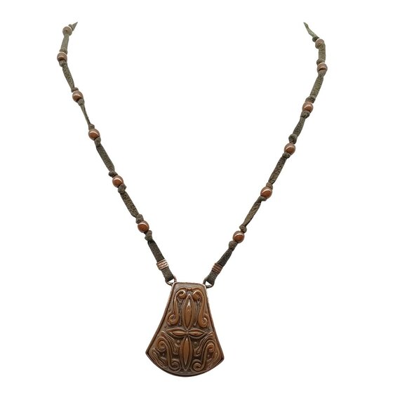 Vintage Monet Brown Beaded Necklace With Intricately Carved Pendant & Adjustable - Picture 1 of 4